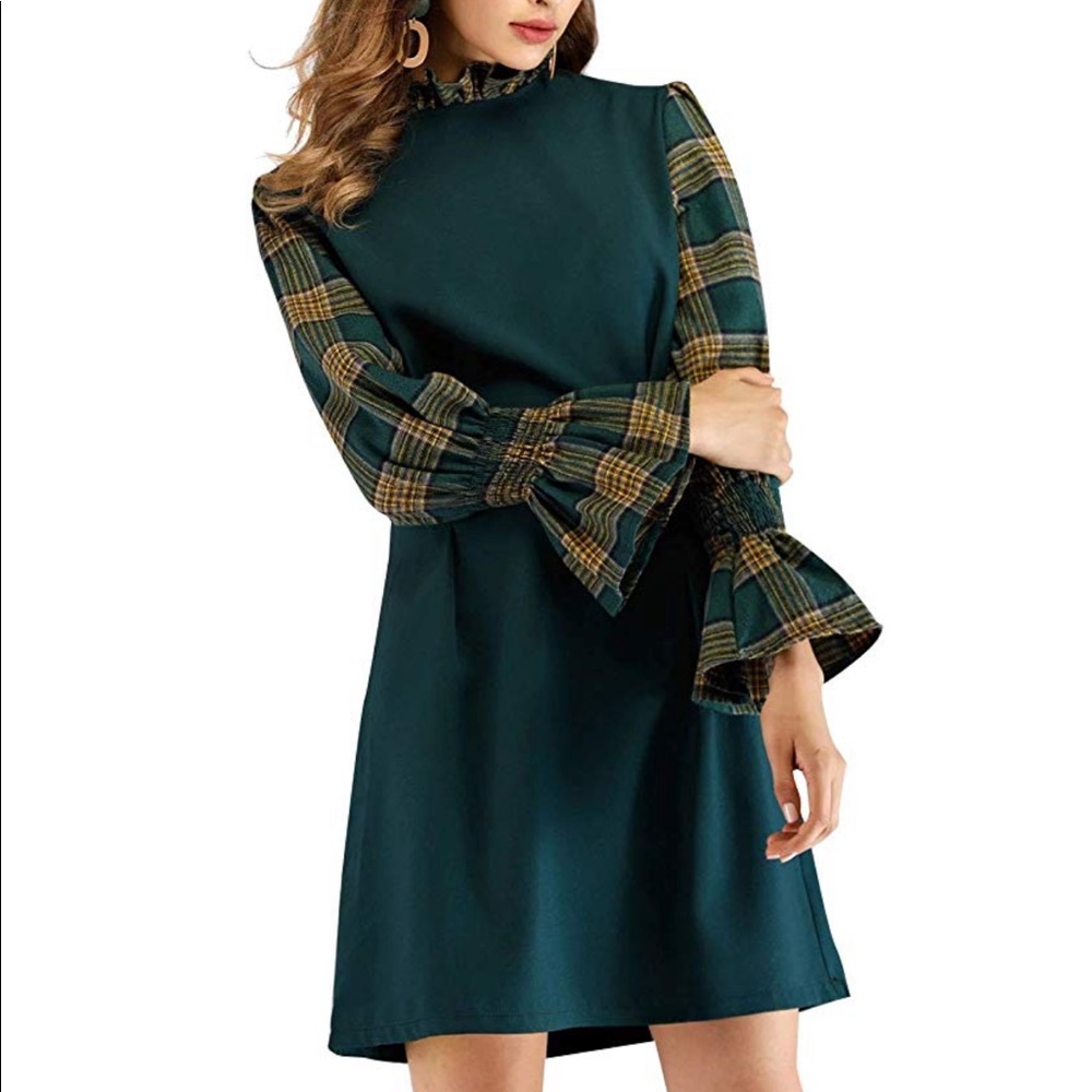 NWOT Dark Academia Plaid Mini Dress | Green Flounce Sleeve High Waist | S